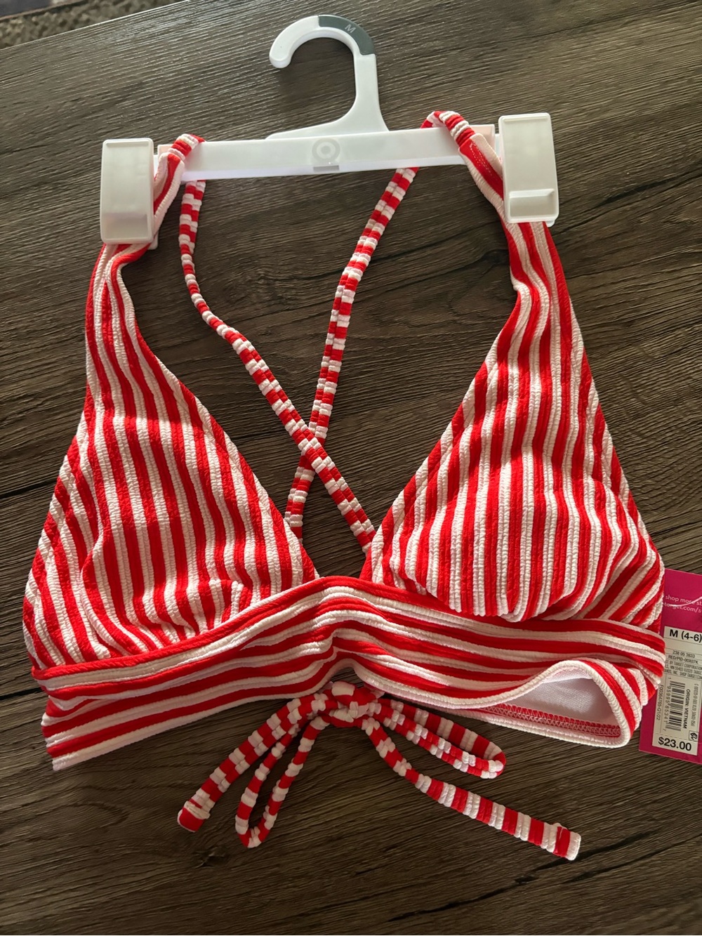 Red and White Striped Bikini Top and black bottoms